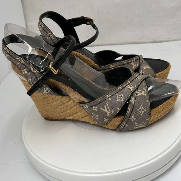 Louis Vuitton Grey Monogram Canvas Idylle Espadrille Wedge Sandals Size 36.5 - Picture 4 of 12